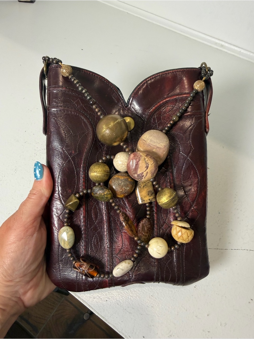Dingo Western Crossbody Bag Burgundy Leather Cowboy Boot Purse Beaded Strap - Picture 8 of 8